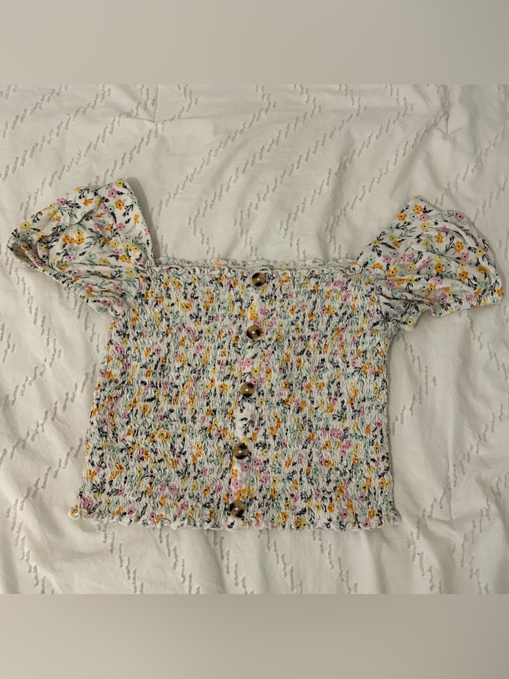 Mudd Women's Junior’s Smocked Crop Top Ditsy Floral Puff Sleeves Cotton Small